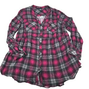 Torrid Wms Plaid V-Neck Shirt Pink Black Long Sleeve Button Up Tunic 14/16